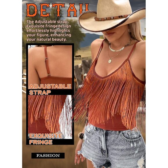 Women's Brown Fringe Tank Top Western Festival Clothing Cowgirl V Neck Outfits - Picture 2 of 6